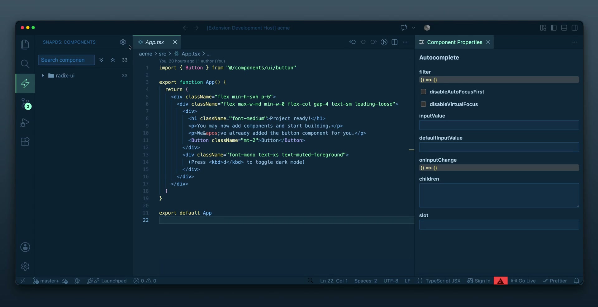 Pull a component from the gallery into your file — Snapds writes the JSX and merges the import automatically.